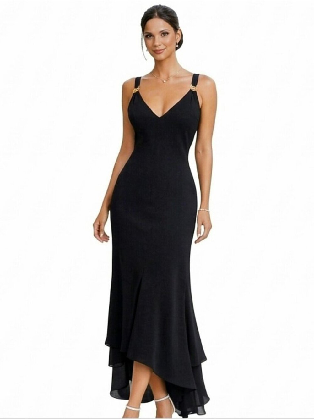 Evan Picone Black V Neck Gold Hardware Straps High Low Midi/Maxi Dress